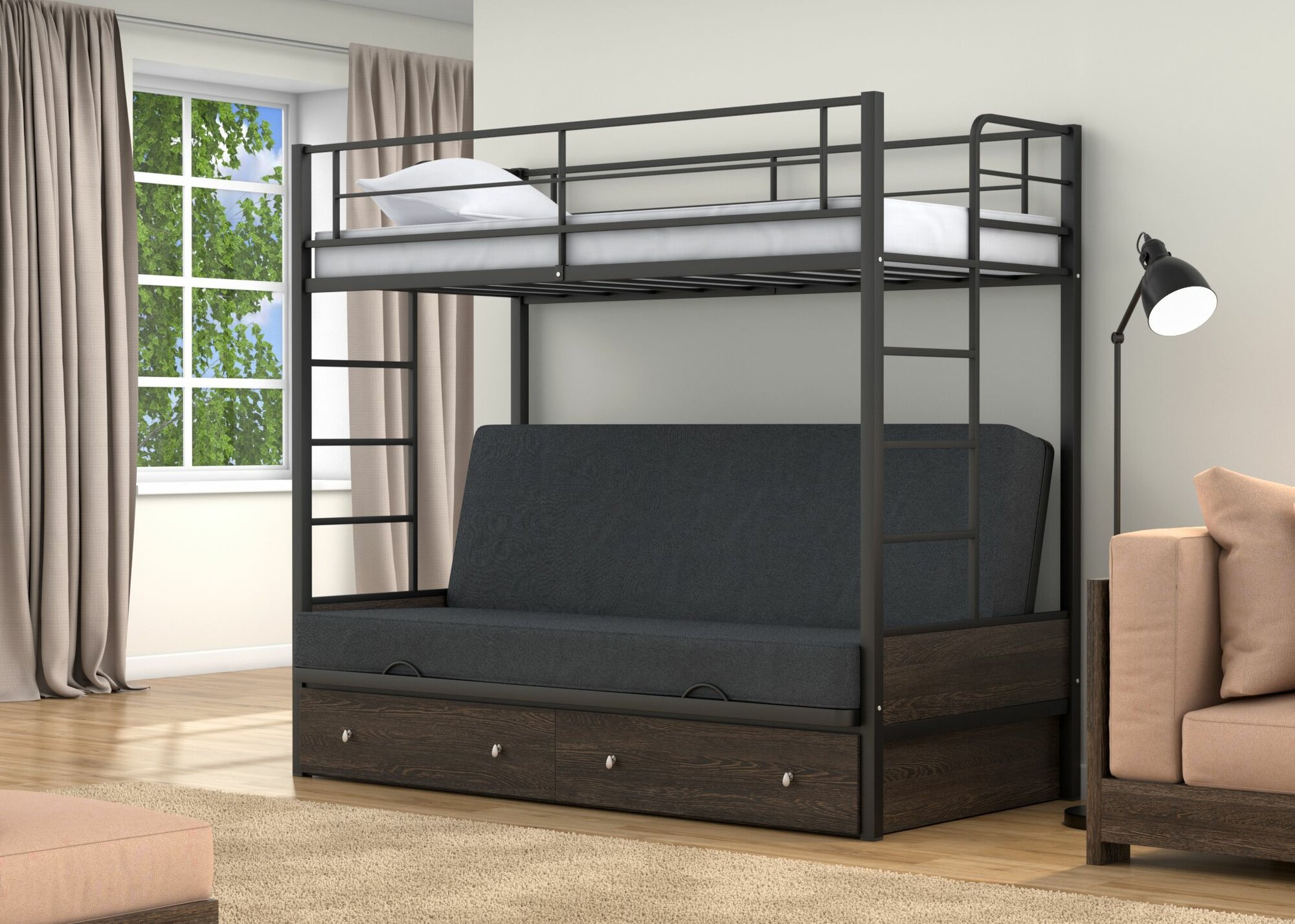 Двухъярусная кровать-диван Дакар 1 Черный ящики Венге