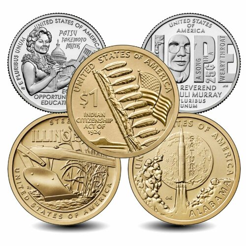 Набор 5 монет США 2024 года сша 25 центов 2024 паули мюррей p 11 коллекционная монета