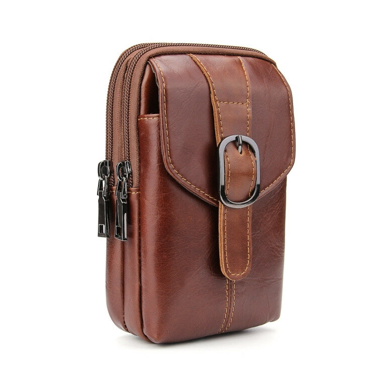Кожаный вертикальный чехол-сумка на ремень для смартфонов до 6,5" с тремя отделениями портмоне / кобура (Brown)