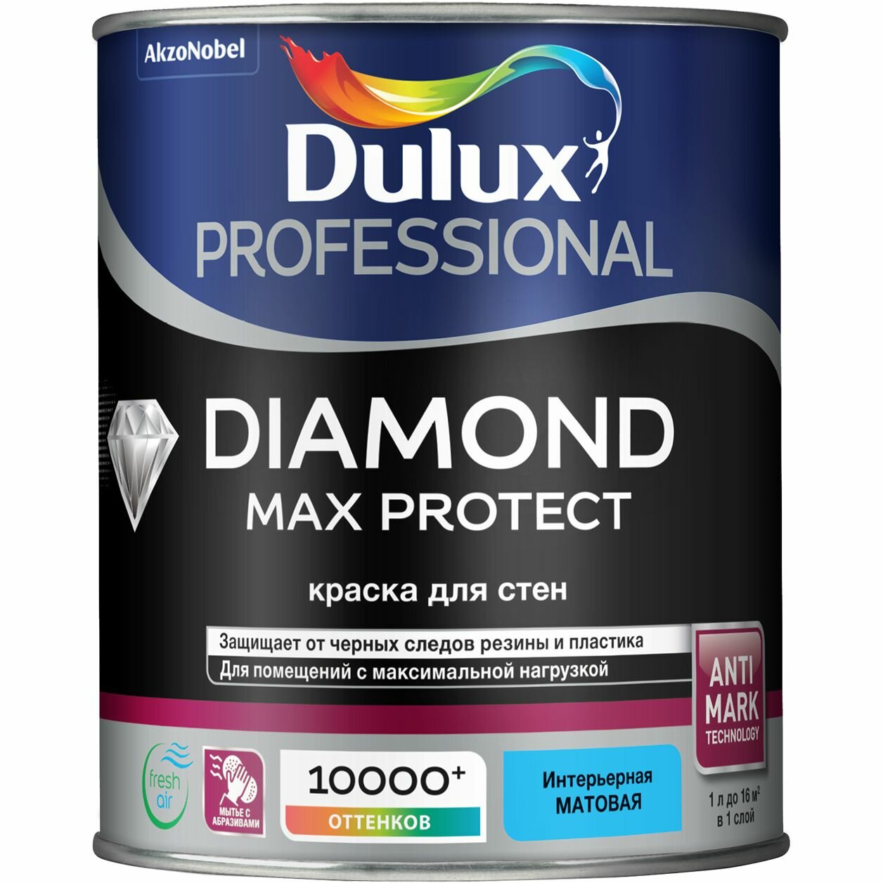 фото DULUX PROFESSIONAL DIAMOND MAX PROTECT краска для стен и потолков износостойкая матовая база BW 1 л