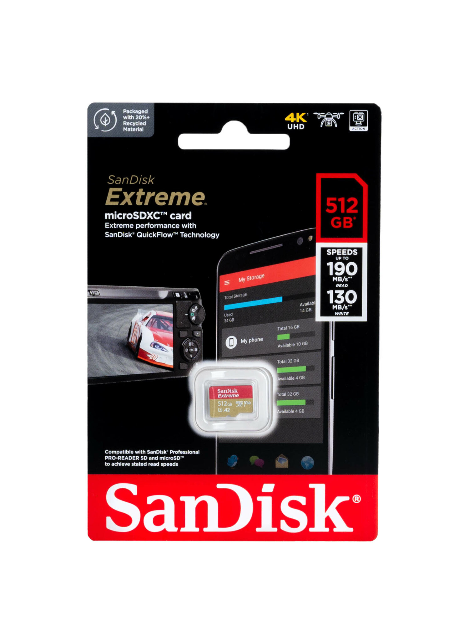 Карта памяти SanDisk Extreme microSDXC 512 ГБ Class 10 UHS-I U3, V30, A2 (R/W 190/130 Mb/s)