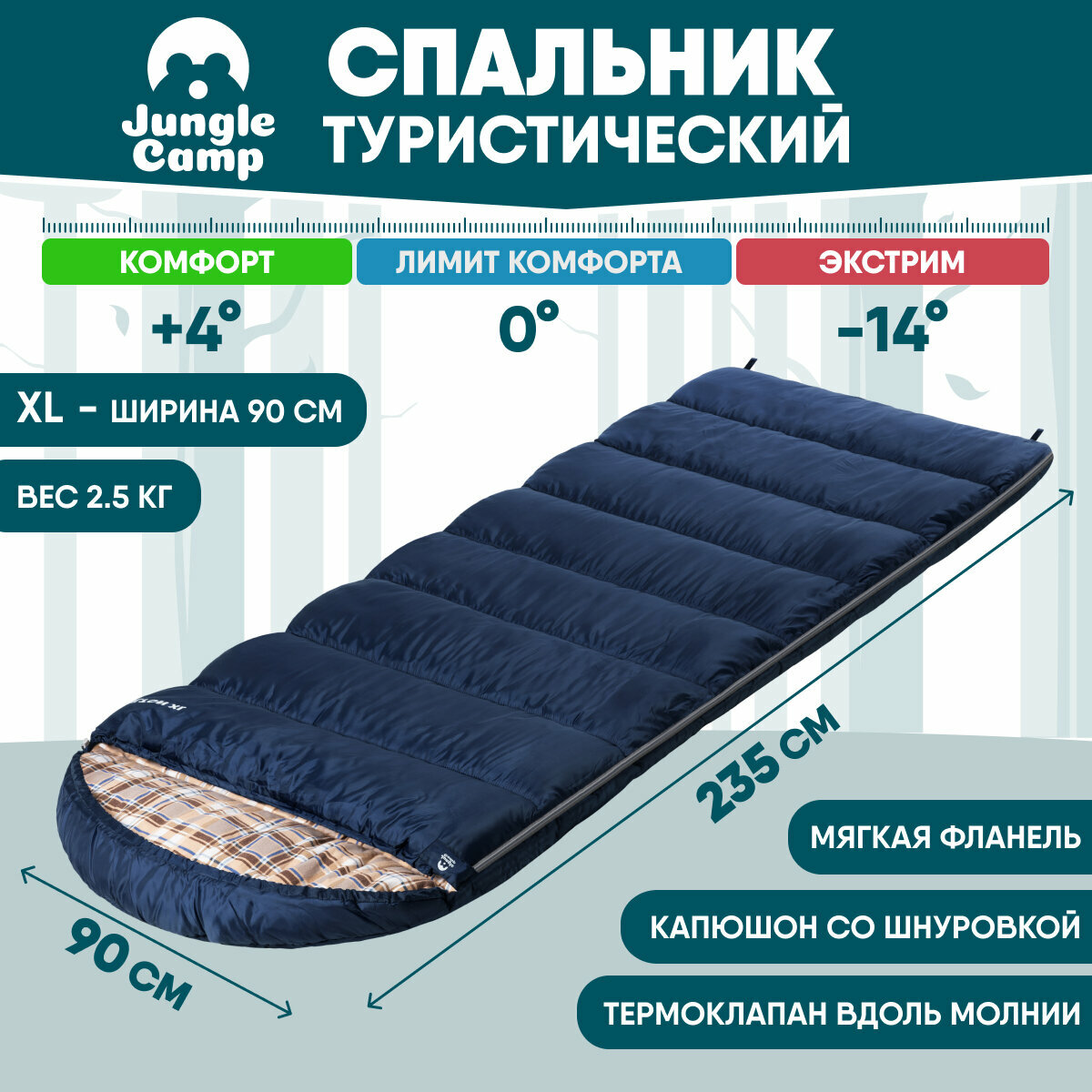 фото Спальный мешок Jungle Camp Milton XL, широкий, с фланелью, левая молния, цвет: синий