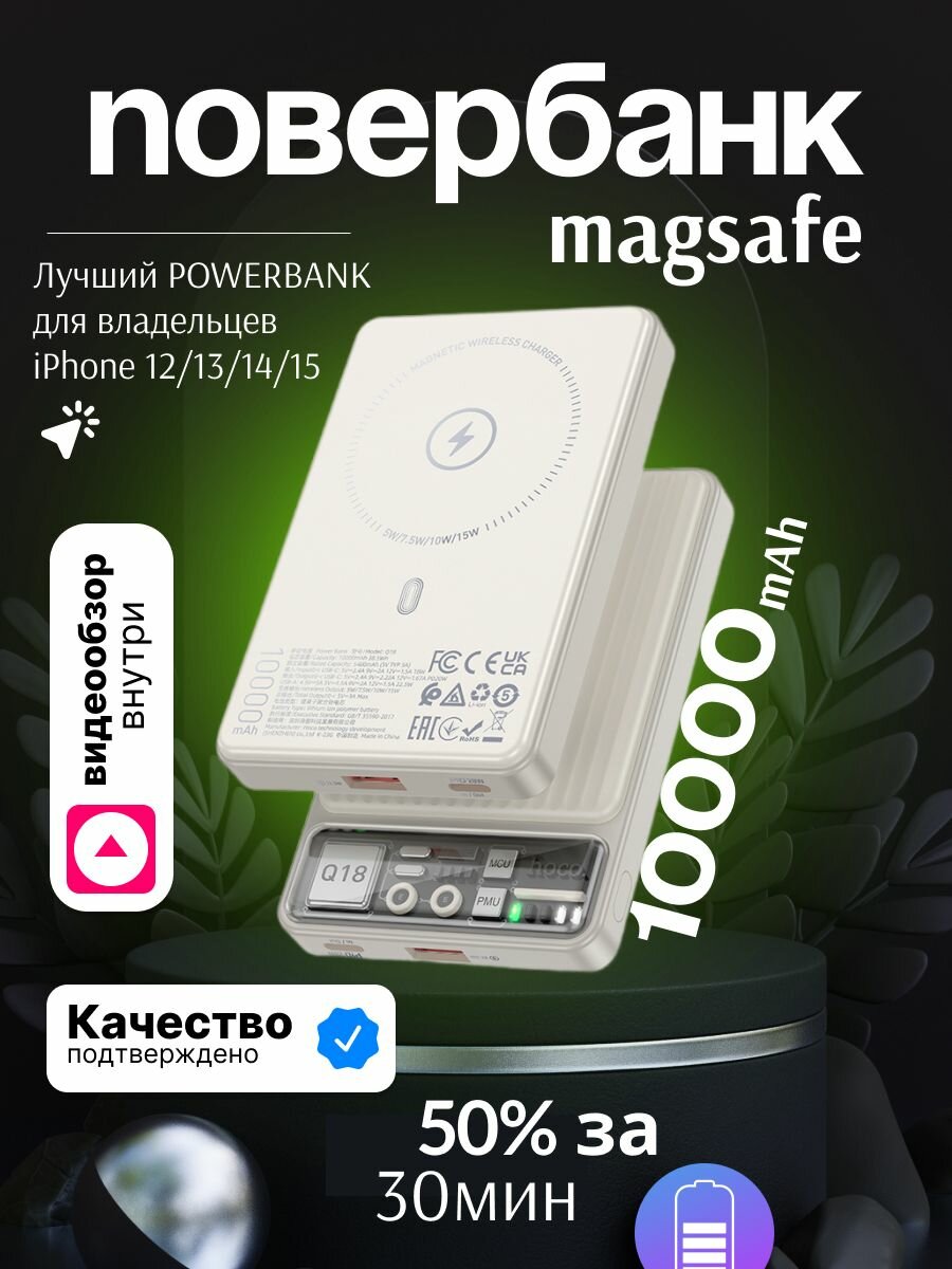 Быстрая зарядка PD. Внешний аккумулятор с Magsafe 10000mAh