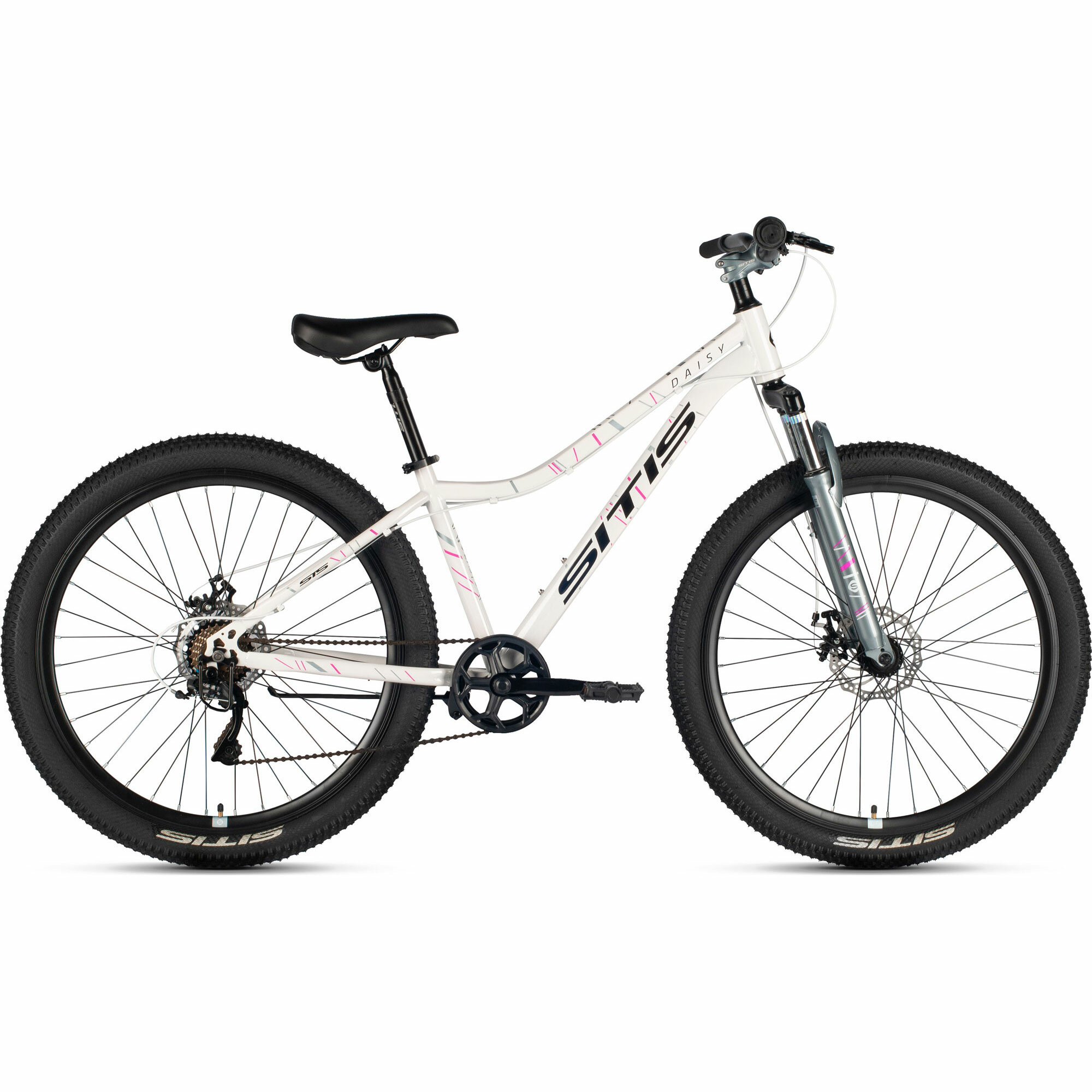 Велосипед горный SITIS DAISY 27,5" 7sp (2024), хардтейл, взрослый, женский, стальная рама, 7 скорости, дисковые механические тормоза, цвет White-Grey-Black, белый/серый/черный цвет, размер рамы 15", для роста 160-170 см