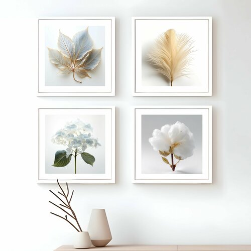 Набор постеров с листьями и перьями в бежевых и голубых тонах 30 на 30 см 760₽