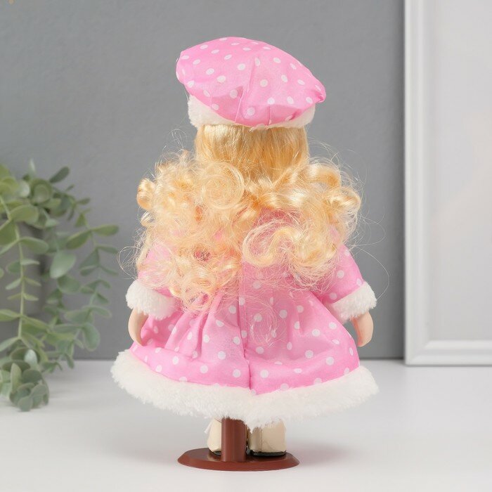 Кукла коллекционная керамика "Малышка Лиза в розовом платье в горох, с мехом" 21 см