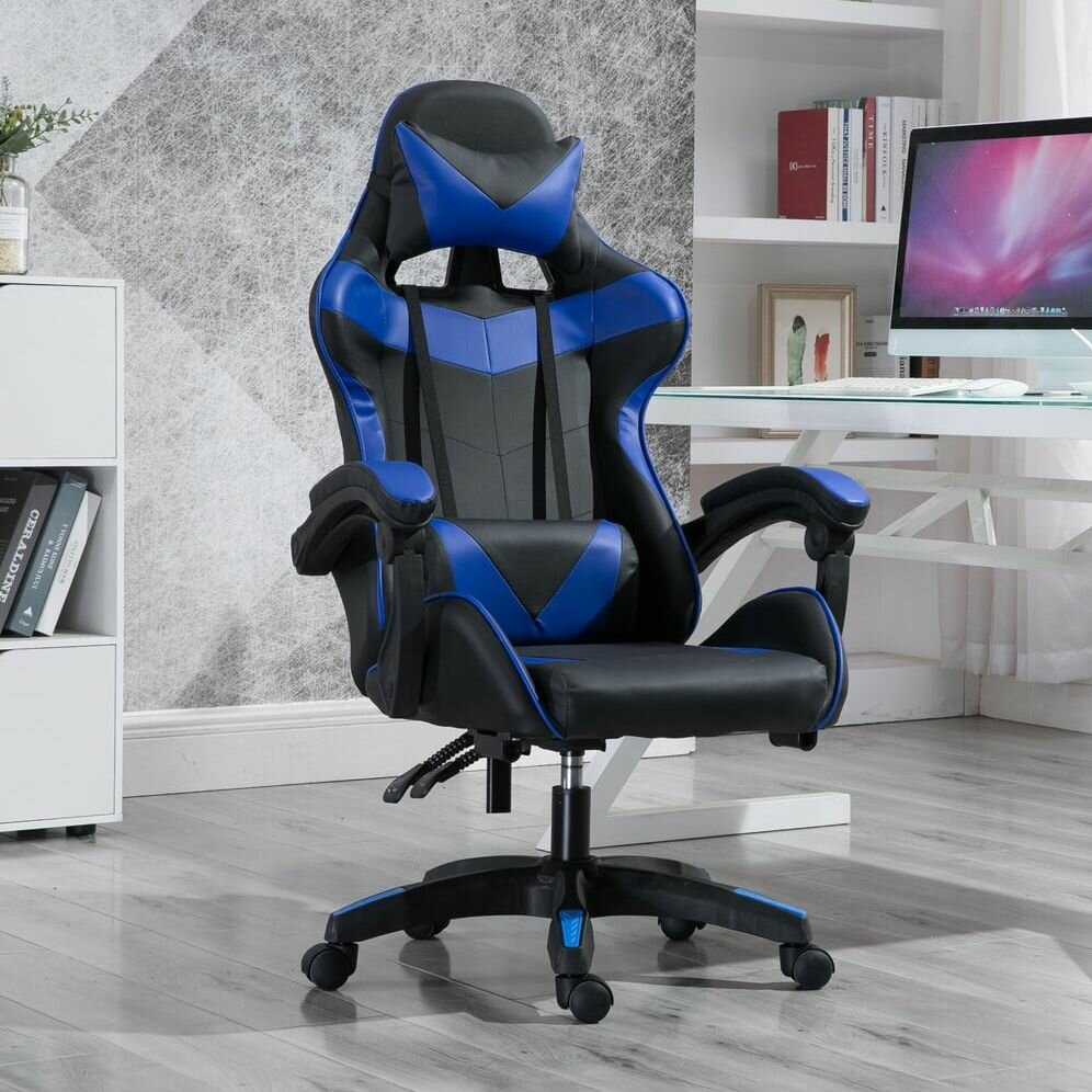 Игровое компьютерное кресло, 2 подушки черно-синее