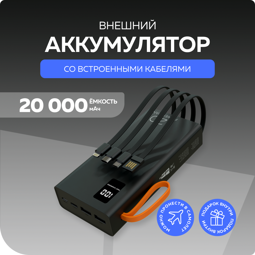 PURE Внешний аккумулятор 20000mAh 2USB 2.1A More choice PB22-20 с кабелем Black