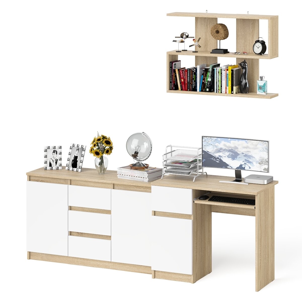 фото Стол компьютерный СВК Мори МС-1 левый + Комод МК1200.3 + Полка 900 Дуб сонома/белый
