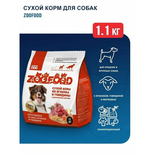 ZooFood Dog 1,1кг Сухой корм с ягненком, говядиной и морковью для собак средних и крупных пород