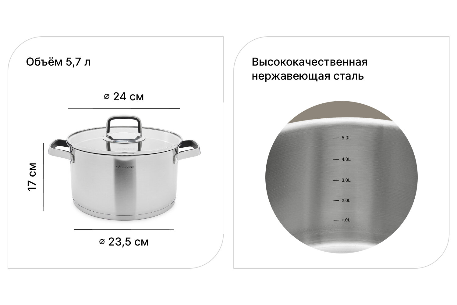 Кастрюля с крышкой VANHOPPER GrandCHEF LFC-HOF24, 5,7 литров, нержавеющая сталь — фото 1