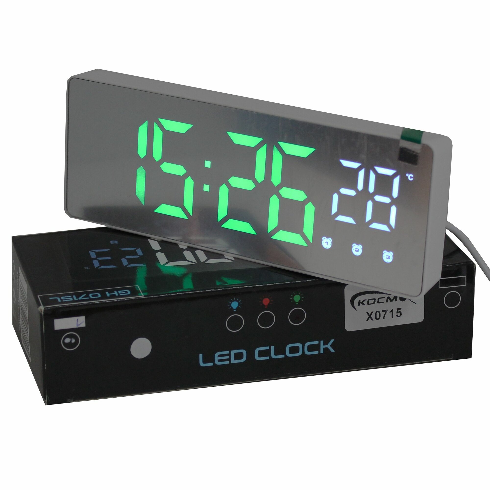 фото Компактные современные настольные часы Космос X0715 с яркой белой подсветкой светодиодных цифр (t-зелён.), выполненные в корпусе чёрного цвета (без адаптера питания)