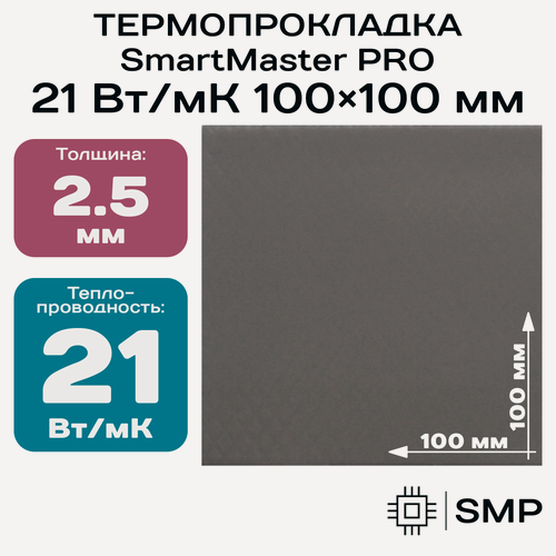 Изображение товара Термопрокладка 2.5 мм 21 Вт/мК SmartMaster PRO 100x100мм для видеокарты, ноутбука, консоли, ссд, асика, компьютера.