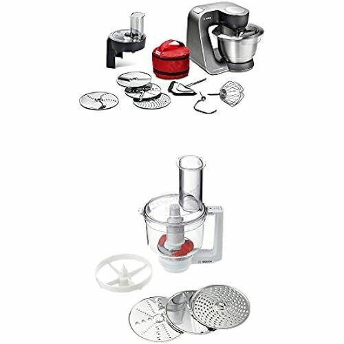 фото Bosch MUM59N26DE Домашний профессиональный кухонный комбайн Чаша 3D-система смешивания 7 уровней переключения 1000 Вт Mystic Black/матовая нержавеющая сталь + мультимиксер MUZ5MM1, белый/прозрачный