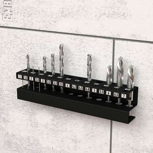 Держатель для хранения сверл на 29 посадочных мест с маркировкой отверстий настенный черный 1084₽