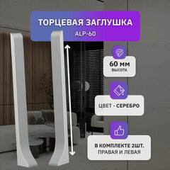 Изображение товара Торцевая заглушка алюминиевая для накладного плинтуса высотой 60 мм, 2 шт, серебро