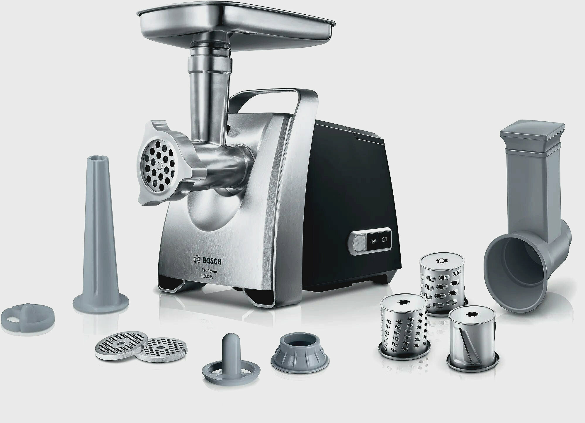 Мясорубка Bosch MFW68640 ProPower, черный, 800 Вт, 4.3 кг/мин, 3 формовочных диска, 8 насадок, реверс