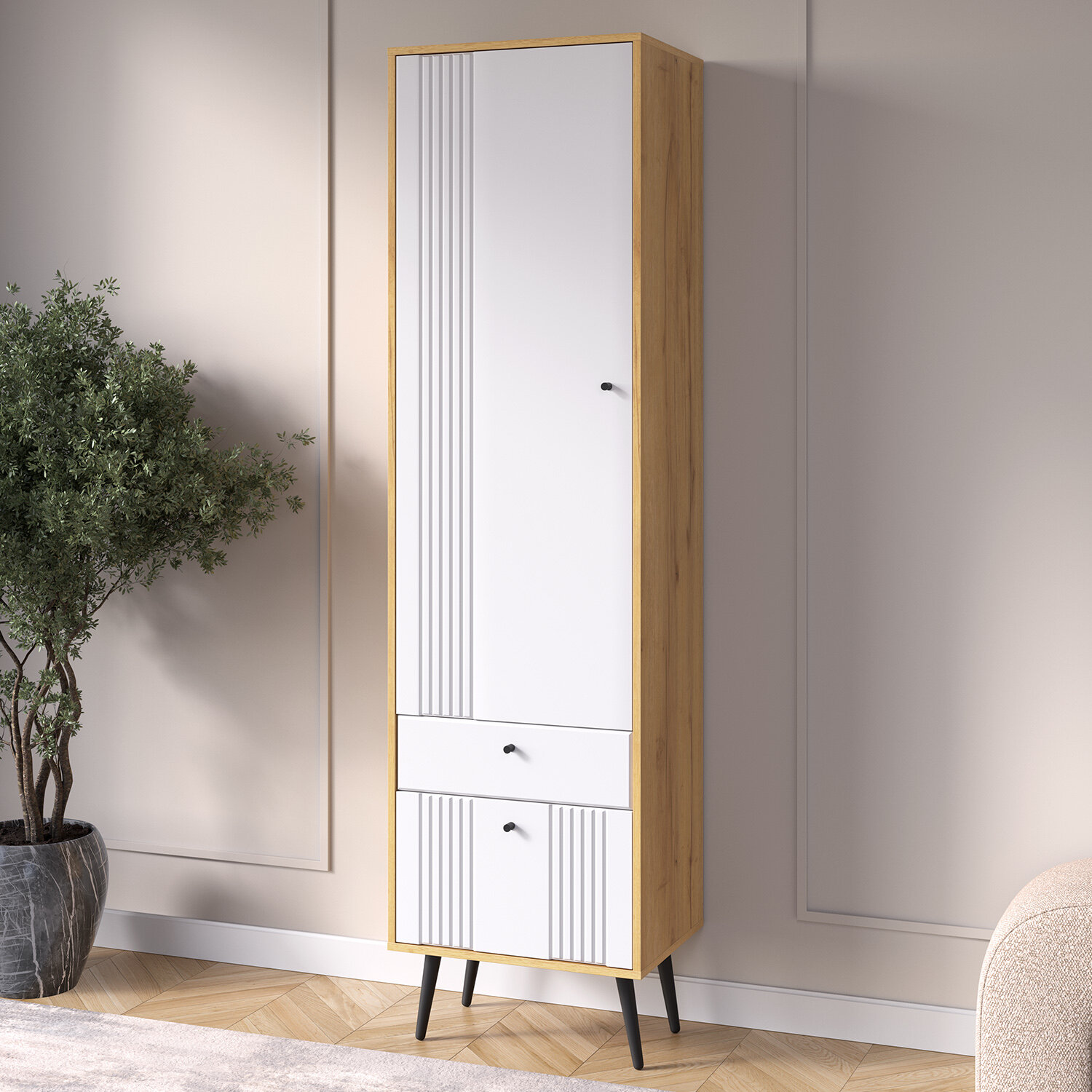 Шкаф-пенал Кураж Вега Саксония 53,7х40х200 см, с ящиком, белый