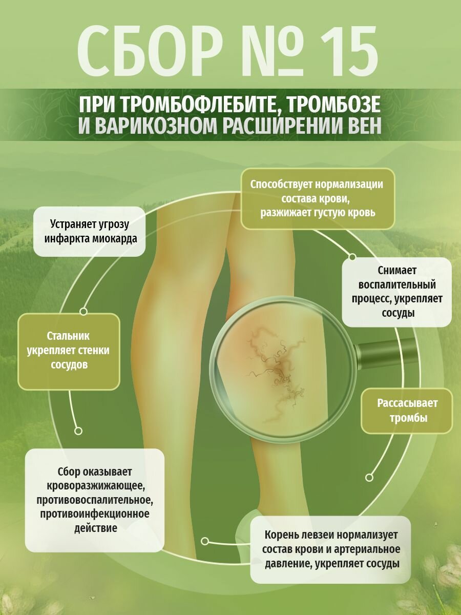 Картинки Травы Кавказа Сбор № 15 при тромбофлебите, тромбозе и варикозном расширении вен, 200 гр.