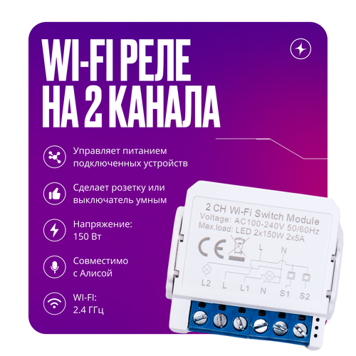 Умное реле WIFI контроллер на 2 канала умный дом от Tuya Mini работает С нулем 1621₽