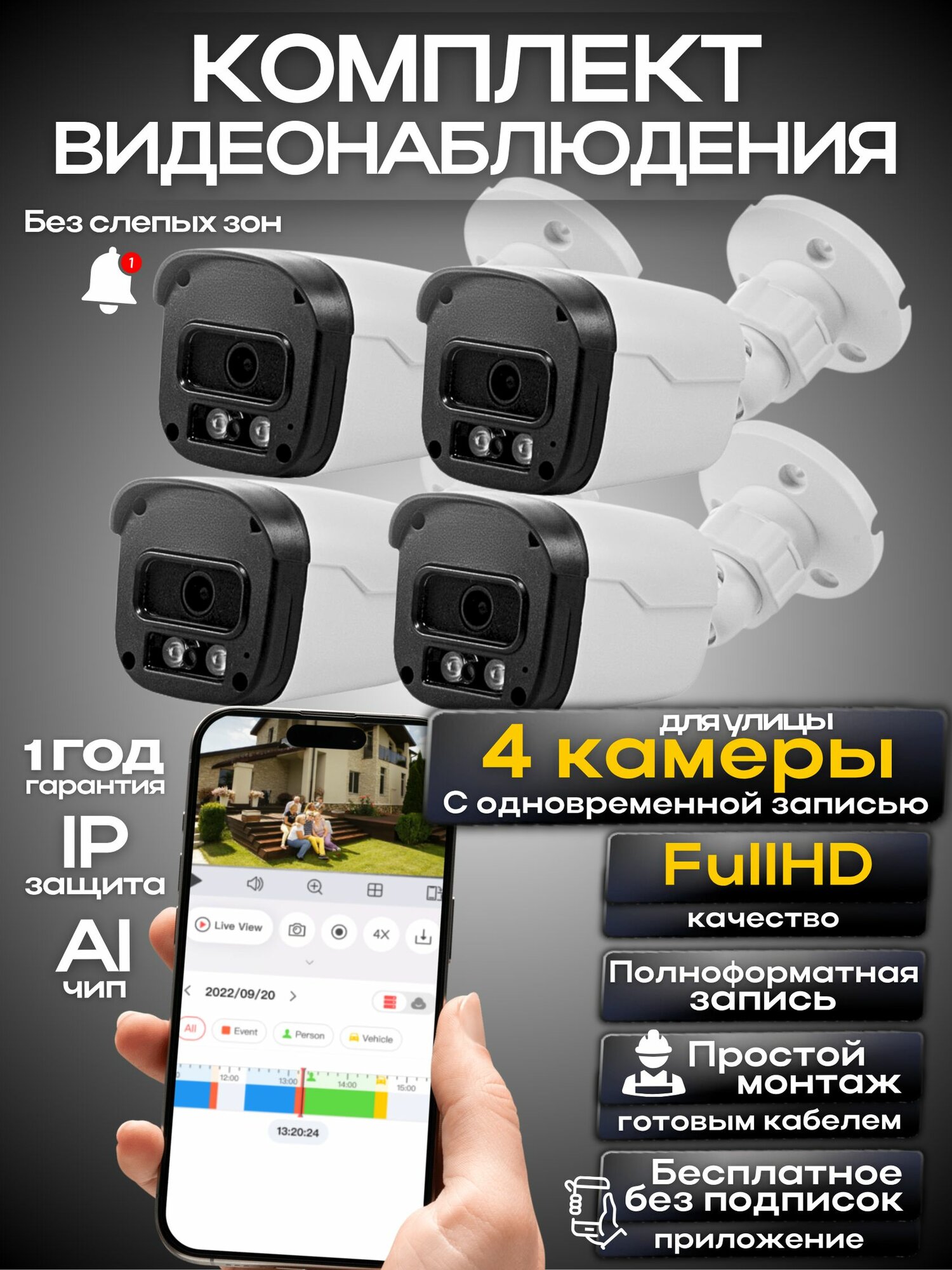 Комплект видеонаблюдения уличная с готовыми кабелями 4 камеры 2Мп Ucam