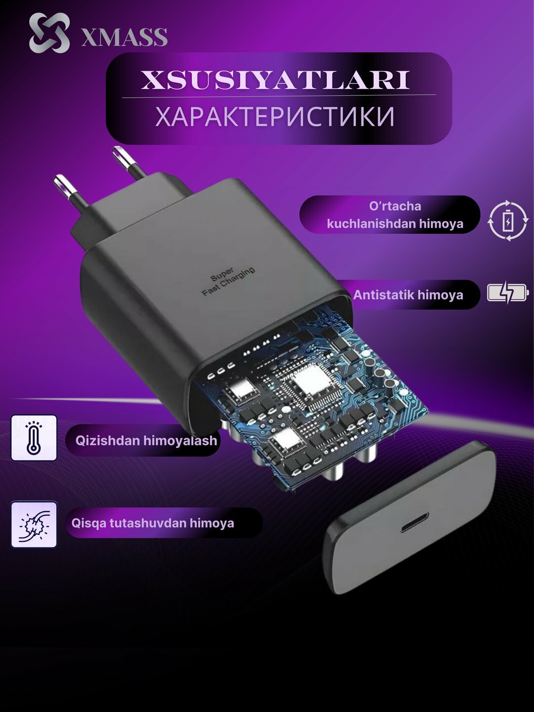 Быстрое зарядное устройство 45Вт с кабелем, Type-C 5A — фото 1