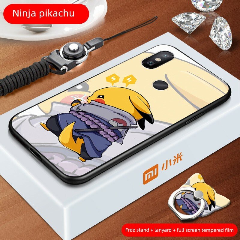 Чехол для Xiaomi Mi 8 с дизайном Пикачу - с подставкой, ремешком и закаленным стеклом, ударопрочная защита