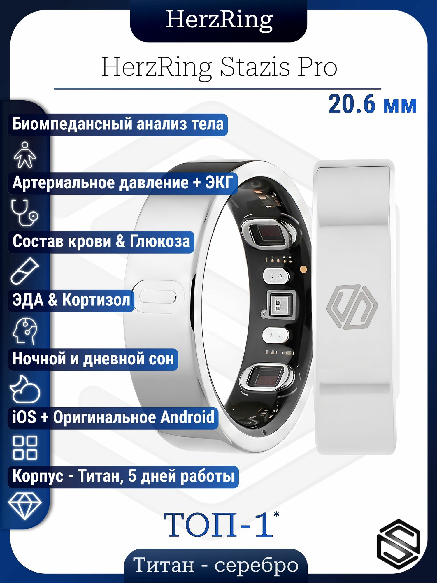 Умное кольцо с анализом Тела, Крови, ЭКГ Stazis Pro №11