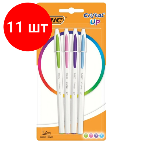 Комплект 11 шт, Ручки шариковые BIC Cristal Up Fun, набор 4 цвета (салатовый, розовый, фиолетовый, голубой), узел 1 мм, линия 0.32 мм, блистер, 949870