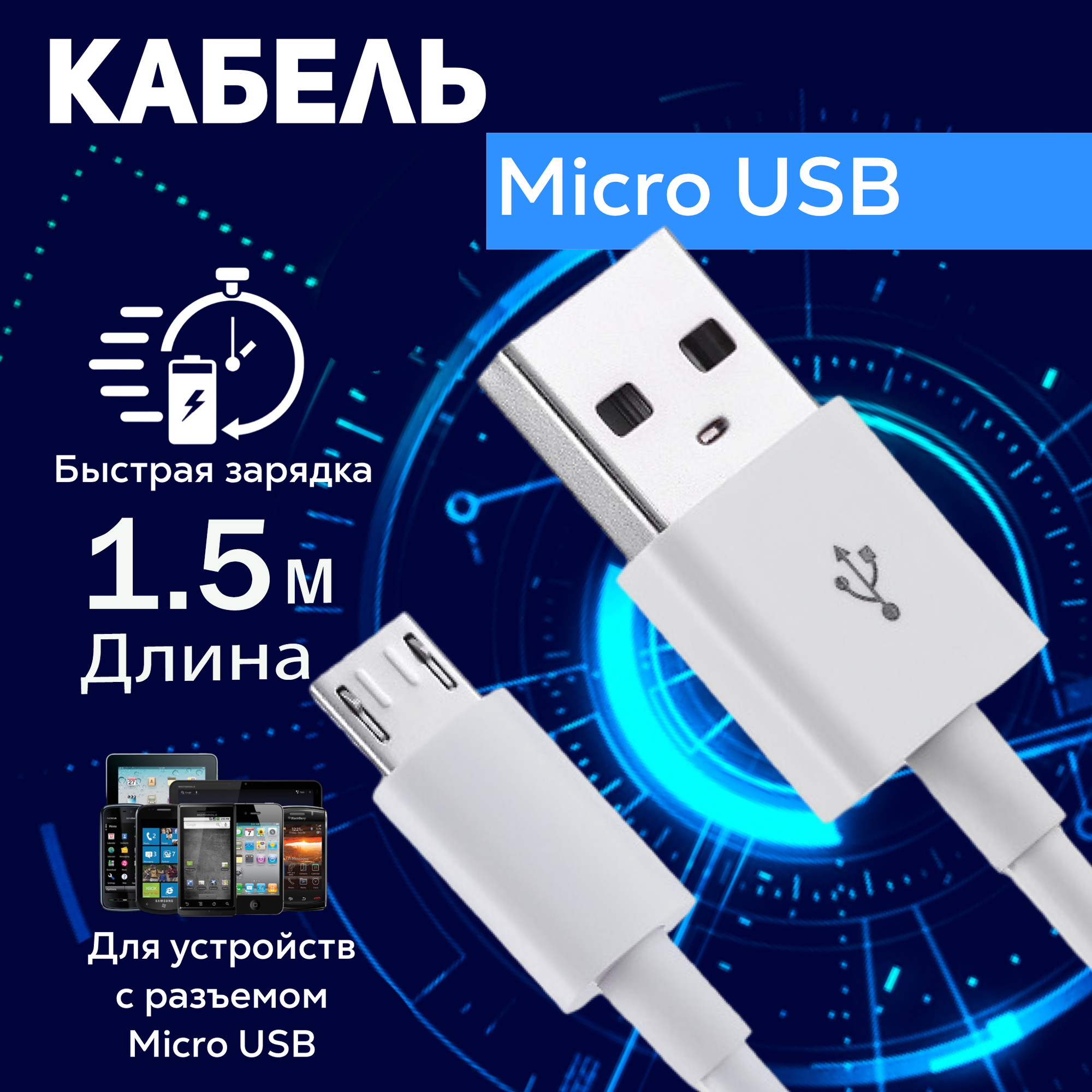 Кабель для зарядки micro USB – USB Type A, 1.5 метра, 2 ампера, шнур для смартфона, телефона, планшета, видеорегистратора, устройств Android