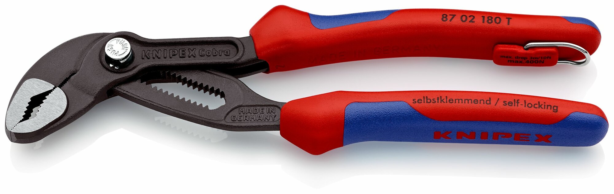 Клещи переставные KNIPEX COBRA, зев 42 мм, длина 180 мм, фосфатированные, 2-комп ручки, проушина для страховки KN-8702180T