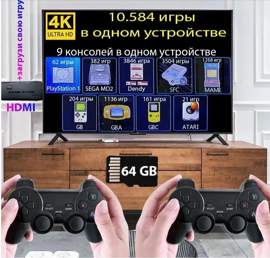 Игровая приставка беспроводная консоль Game Stick 4K HD, DATA FROG Y3 Lite 64 гигабайта. Ретро игровая консоль, 10584 игры, 2 геймпада, 8 бит, 16 бит, 32 бит