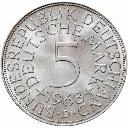 Германия 5 марок 1968 Отметка монетного двора: D - Мюнхен монета 5 марок 1914 d людвиг iii бавария германия