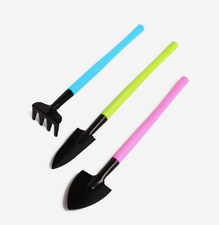 Набор садового инструмента, 3 предмета: грабли, 2 лопатки, длина 21 см, пластиковые ручки