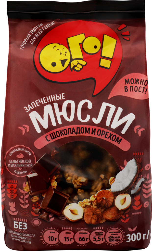 Мюсли запеченные ОГО! с шоколадом и орехом, 300г