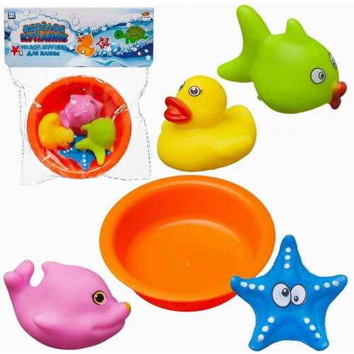 Набор резиновых игрушек для ванной Веселое купание 4 фигурки морских обитателей и ванночка - Abtoys [PT-01502/набор1] набор резиновых игрушек для ванной abtoys веселое купание уточки желтые 2шт
