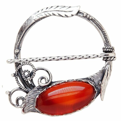 Зажим для платка Перо Жар-Птицы, сердолик, красный, серый