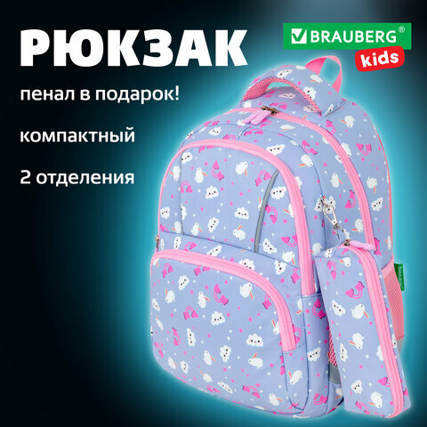 Рюкзак школьный для девочки, ранец для подростка спортивный, портфель детский в школу, 2 отд, набор с пеналом, Brauberg Kids Rainbow clouds,