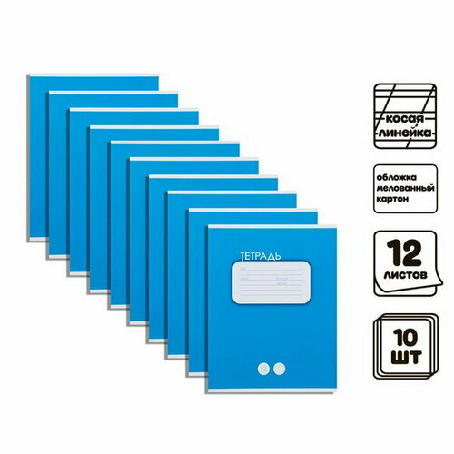 Комплект тетрадей из 10 штук, 12 листов в косую линейку, Однотонная яркая, мелованный картон, ВД-лак, офсет, синяя логос 2 119 2018