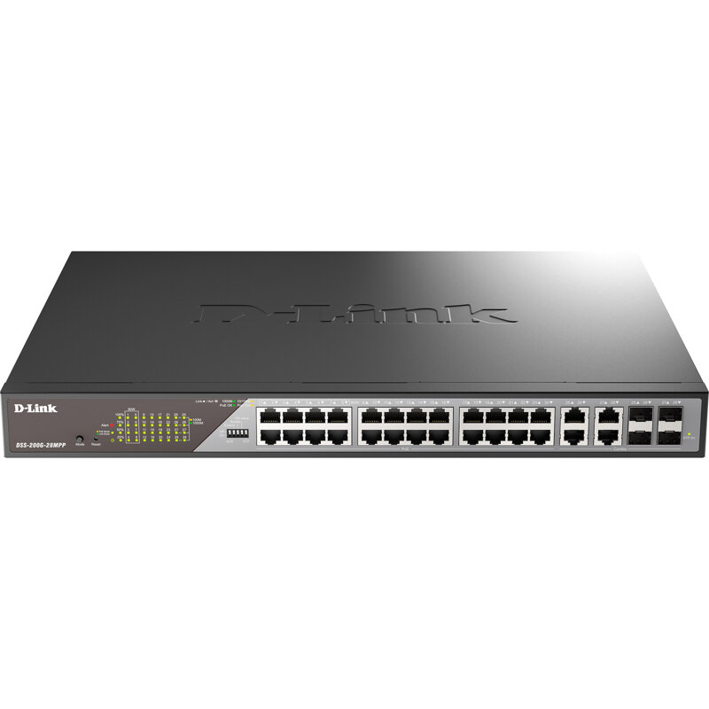 D-Link DSS-200G-28MPP/A1A Настраиваемый L2 коммутатор с 24 портами 10/100/1000Base-T и 4 комбо-портами 100/1000Base-T/SF