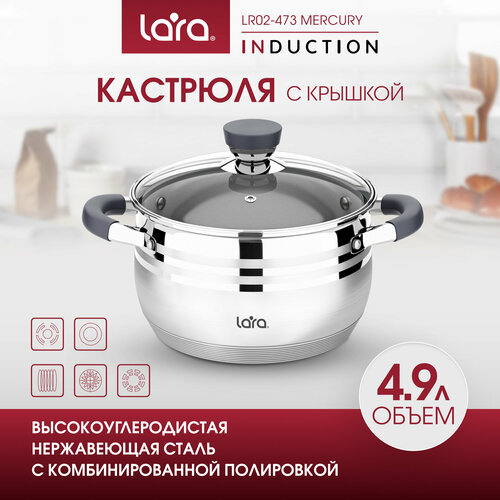фото Кастрюля lara lr02-473 mercury, 4,9л, d 22см, из нержавеющей стали, для всех типов плит.