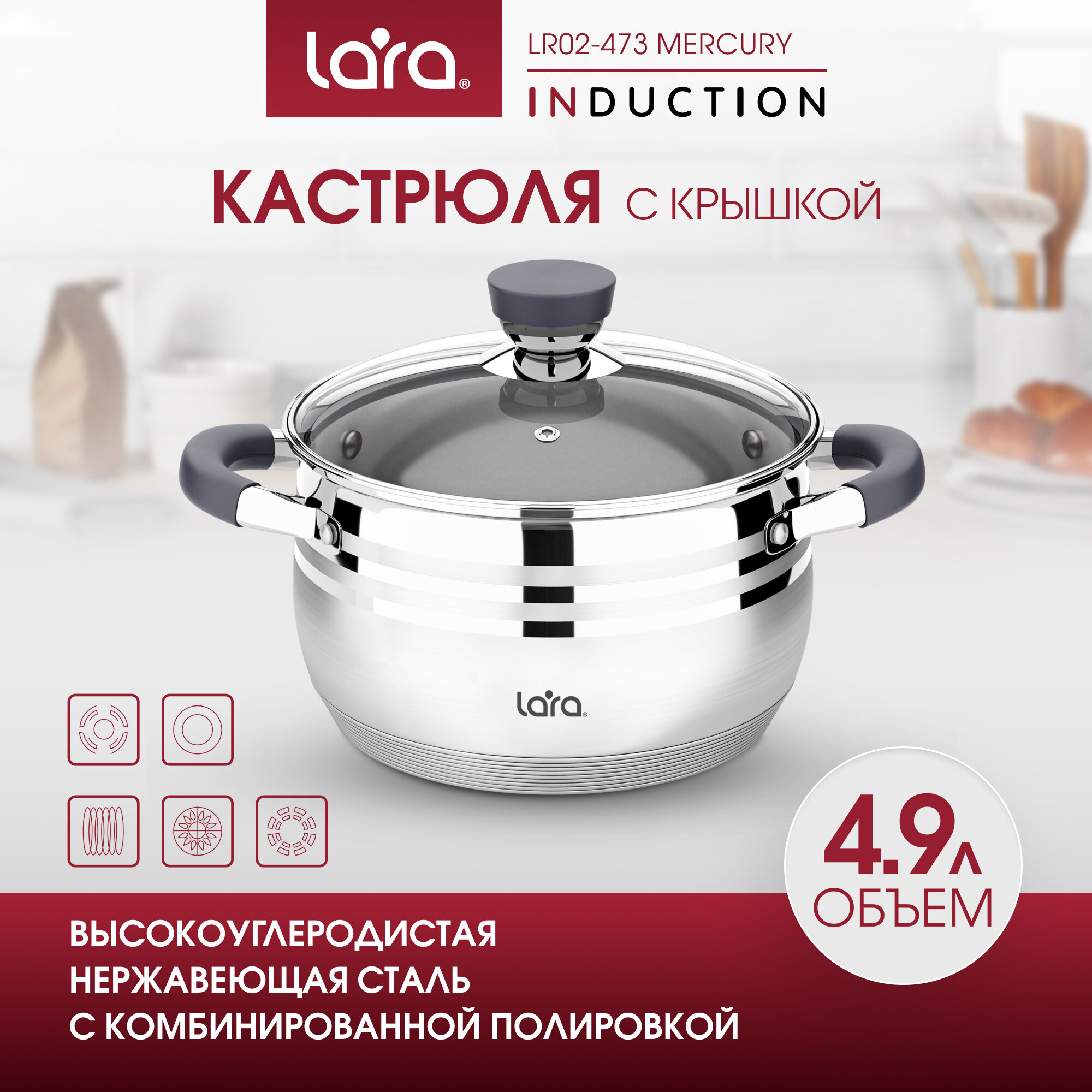 Кастрюля из нержавеющей стали 4,9л LARA LR02-473 MERCURY d 22см, для всех типов плит, с крышкой