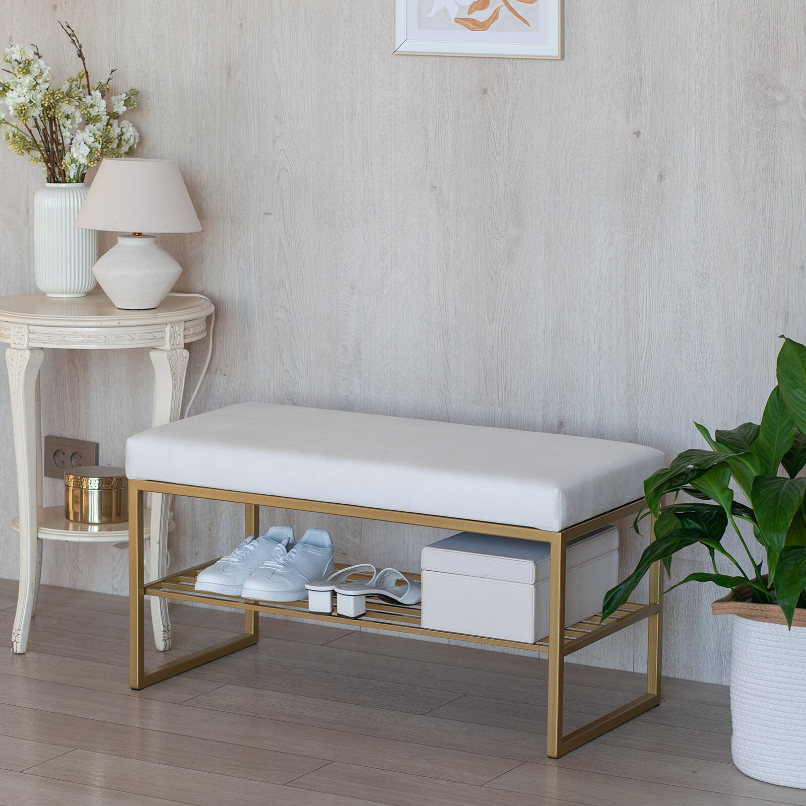 Банкетка в прихожую GREENWEEN RUBY MINI, золотой каркас, сидение велюр цвет слоновая кость — фото 1