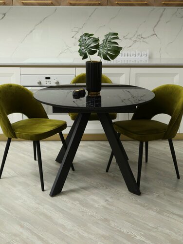 Изображение товара Стол обеденный круглый раскладной Бонжур в стекле, черный мрамор, 100(140) х 100 см