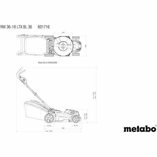 Газонокосилка аккумуляторная Metabo RM 36-18 LTX BL 36, 2х5.2 Ач + ЗУ (T0525) — фото 1