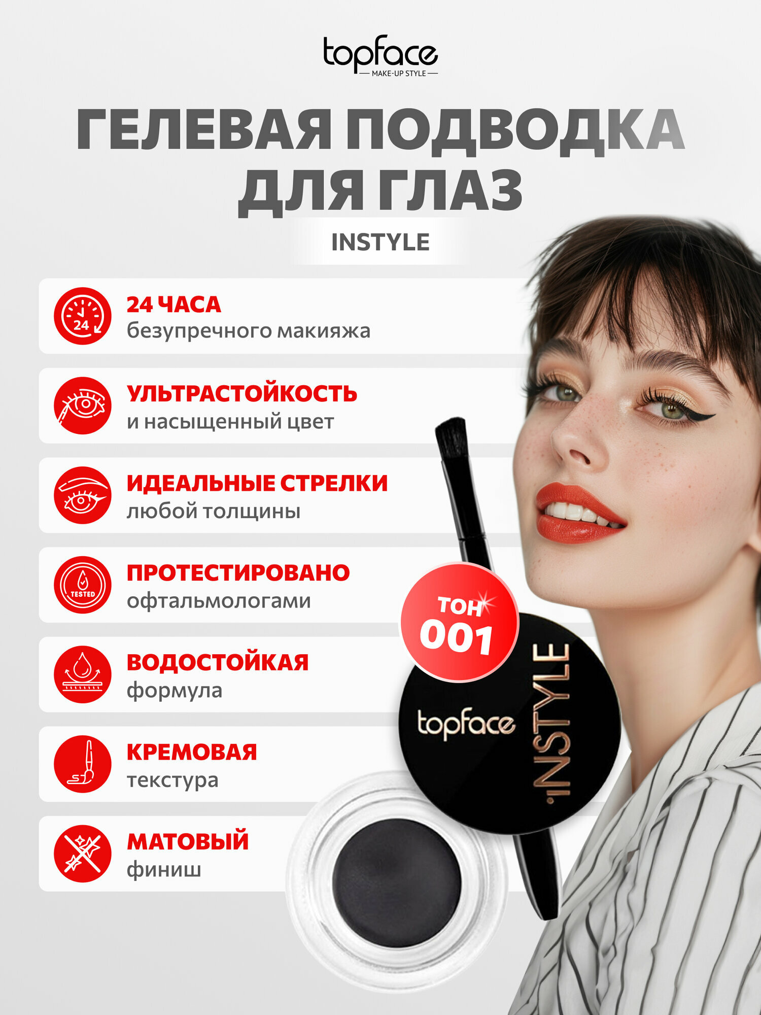 Гелевая подводка для глаз черная водостойкая для стрелок Topface 001