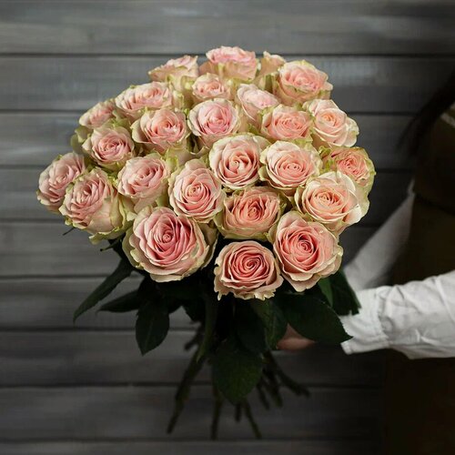 Изображение товара Букет живых цветов из 25 нежно-розовых роз с лентой Эквадор 60 см