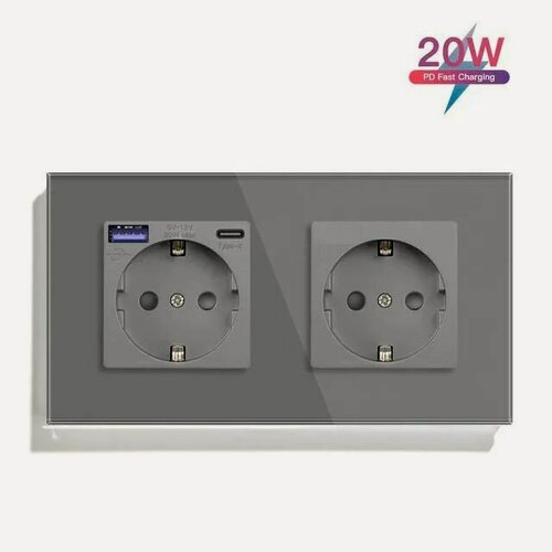 Изображение товара Розетка электрическая 2 поста EU/AC, быстрая зарядка 20W, стекло 157х86 мм, цвет серый