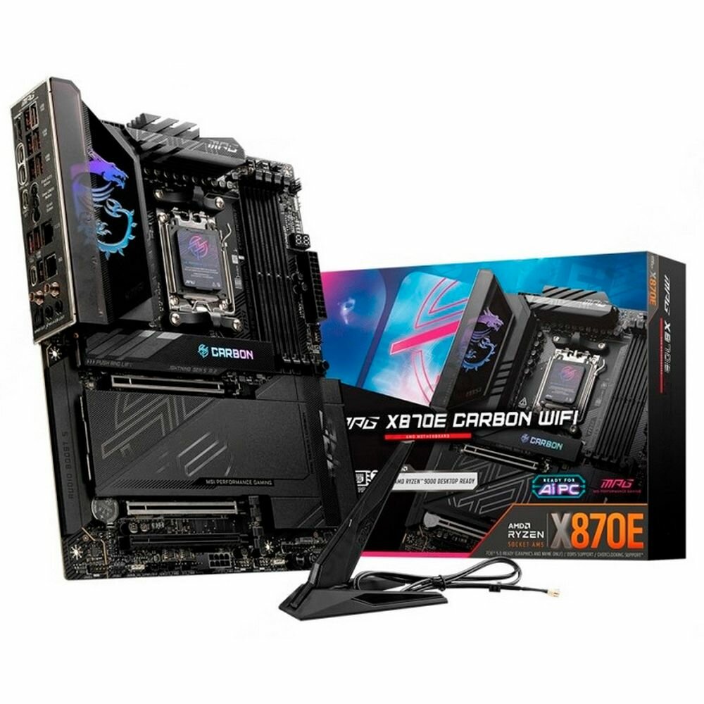 Материнская плата MSI MPG X870E CARBON WIFI X870, AM5, 4*DDR5, 3*PCIEx16, 4*M.2, 4*TypeC, 9*USB3.2Gen2, 4*USB3.2Gen1, 4*USB2.0, 4*SATA3.0, 5G, 2.5G, 2*Type-C(DP), HDMI, ATX, RTL