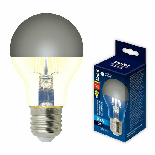 фото Лампа светодиодная uniel e27 4w 4000k зеркальная led-a60-4w/4000k/e27/cl mirror/chrome pls02wh ul-00011796, цвет зеркал